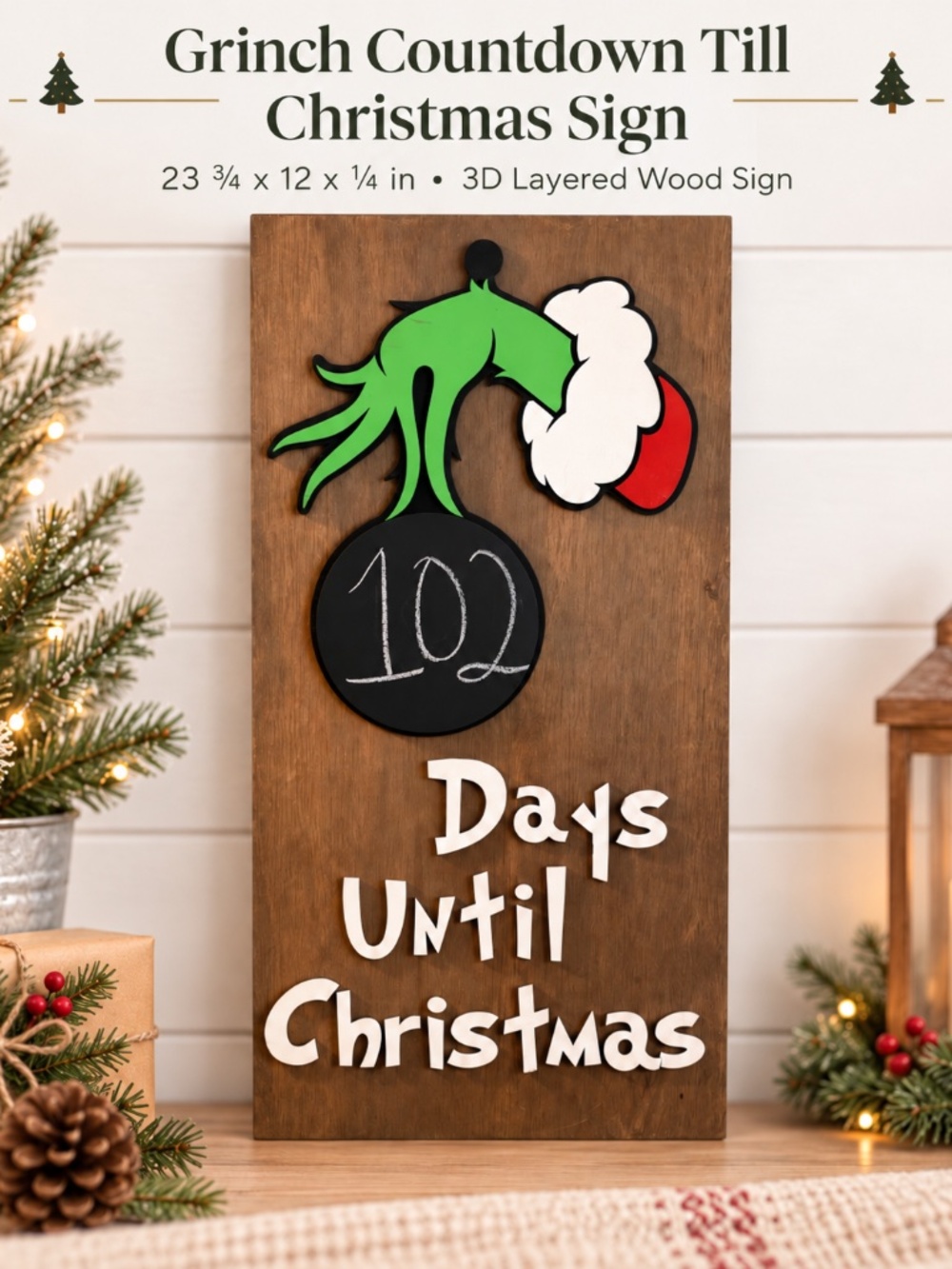 Handmade Grinch Christmas Countdown Sign | 3D Birch Wood Chalkboard Decor